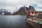 Norway rorbu houses and mountains rocks over fjord landscape scandinavian travel view Lofoten islands. Natural scandinavian