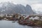 Norway rorbu houses and mountains rocks over fjord landscape scandinavian travel view Lofoten islands. Natural scandinavian