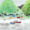 Norway. Undredal, village at Aurland fjord. Watercolor vector landscape