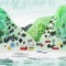 Norway. Undredal, village at Aurland fjord. Watercolor vector landscape with norwegian houses, trees, ships and mountains.