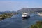 Norwegian coastal steamer leaving port of Bronnoysund