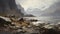 Norwegian Dystopian Landscapes: Gray And Brown Oil Painting With Mountains And Water