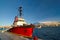 Norwegian fishing boat parked in a harbor in Tromso, city in northern Norway.