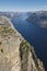 Norwegian fjord landscape. Preikestolen area. Norway landmark at