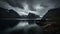 Norwegian fjords set against a moody, overcast sky.