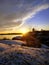 Norwegian landscape during evening hours. Scandinavian sunset.