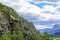 Norwegian landscape with trees firs mountains and rocks. Norway Nature