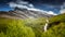 Norwegian landscape with waterfalls. Green mountains in Scandinavia. Waterfalls