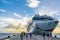Norwegian NCL Star Cruise Ship docked at the Phillipsburg Cruise Port Terminal in Sint Maarten. Arriving passengers walking on t