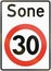 Norwegian regulatory road sign - Restricted speed zone. Sone means zone