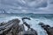 Norwegian Sea waves on rocky coast of Lofoten islands, Norway