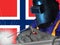 NORWEGIAN WELDER WITH BACKGROUND OF HIS FLAG WAVES