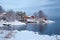 Norwegian winter fjord landscape with colorful houses