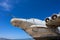 Nose, cockpit and engines of Lun-class Ekranoplan floatplane - unique soviet weaponry against blue sky