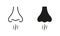 Nose Human Smells Line and Silhouette Black Icon Set. Nasal Odor Sniff Pictogram. Bad Aroma Symbol Collection. Nose Loss