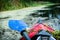 Nose of a sport canoe with paddle