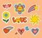 Nostalgia 70s stickers, badges, isolated groovy elements, emoticons and slogan Love in groovy style with in smiley face