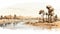 Nostalgic Australian Landscape: Desert Sketch Of Pine Trees Along Water
