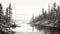 Nostalgic Black And White Lake Drawing With Pine Trees