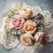 Nostalgic bouquet with vintage roses and lace. Mother\\\'s Day Flowers Design concept