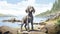 Nostalgic Children\\\'s Book Illustration: Black Weimaraner On Rocky Beach