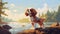 Nostalgic Children\\\'s Book Illustration: Cavalier King Charles Spaniel Puppy By The Lake