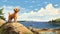 Nostalgic Children\\\'s Book Illustration: Golden Retriever Puppy On Prince Edward Island