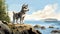 Nostalgic Children\\\'s Book Illustration: Huskie Puppy By The Ocean