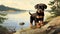 Nostalgic Children\\\'s Book Illustration: Rottweiler Puppy By The Lake