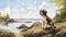 Nostalgic Children\\\'s Book Illustration: Saint Bernard Puppy On Prince Edward Island