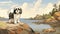 Nostalgic Children\\\'s Book Illustration: Shih Tzu Puppy By The Ocean