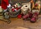 Nostalgic christmas toys decoration over wooden background