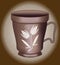 Nostalgic coffee cup with brown polish and white flower, traditional rustic-style ceramics, 3d cup on beige and brown background