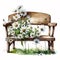 Nostalgic Garden: Watercolor Wooden Garden Benches with Spring Daisies AI Generated