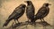 Nostalgic Illustration of Four Crows with Simplistic Style for Invitations and Posters.