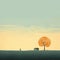 Nostalgic Illustration Of A Man With A Tree Against An Orange Sky