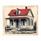 Nostalgic Illustration Of Old Barn House On Postage Stamp