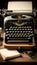 A nostalgic image of an old-fashioned typewriter on a wooden desk with a blank paper, evoking a sense of creativity and history