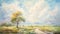 Nostalgic Landscape Painting: Tranquil Meadow With Tree And Mountains