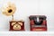 Nostalgic Mini Typewriter and Gramophone Figurines on White Shelf