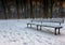 Nostalgic photo of snow-covered bench in the park in the winter, evening