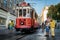 Nostalgic red tram of Taksim in Istanbul, Turkey.