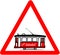 Nostalgic red tramway red triangular road sign warning.