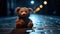 Nostalgic Reflections: A Teddy Bear\\\'s Solitude on Rain-Soaked Asphalt at Night