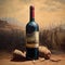 Nostalgic Surrealism Painting Of Wine Bottle On Rocky Scene