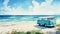 Nostalgic Watercolor Painting Of A Blue Van By The Ocean