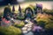 A nostalgic and whimsical fairy garden with tiny houses and flowers, tilt-shifted, macro, closeup, Generative AI