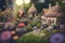 A nostalgic and whimsical fairy garden with tiny houses and flowers, tilt-shifted, macro, closeup, Generative AI