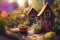 A nostalgic and whimsical fairy garden with tiny houses and flowers, tilt-shifted, macro, closeup, Generative AI