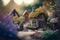 A nostalgic and whimsical fairy garden with tiny houses and flowers, tilt-shifted, macro, closeup, Generative AI